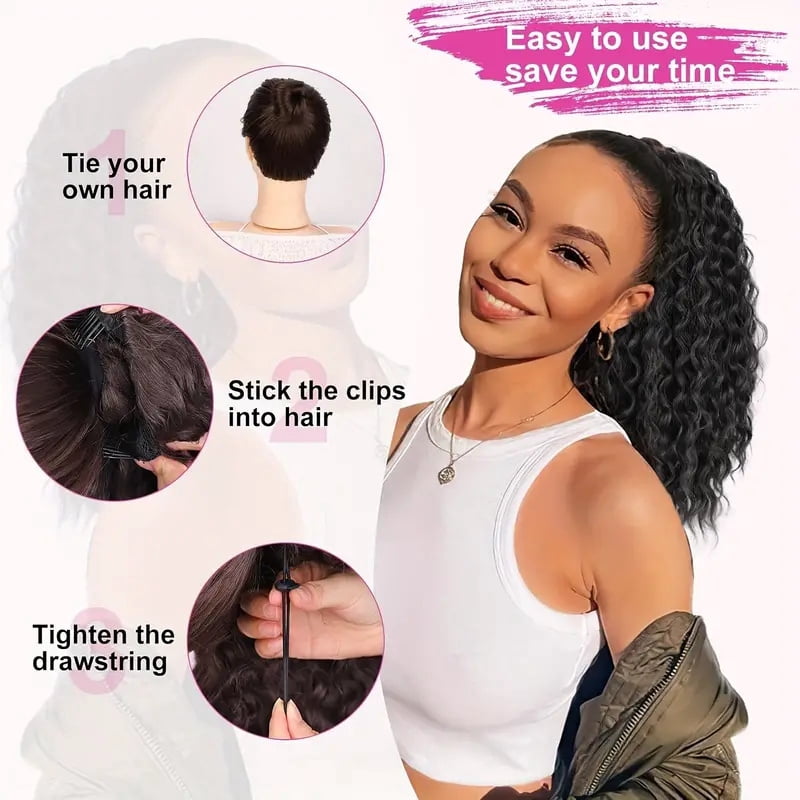 18Inch Long Water Wave Ponytail Extension Curly Drawstring Pony Tail Clip in Synthetic Hair Piece for Women
