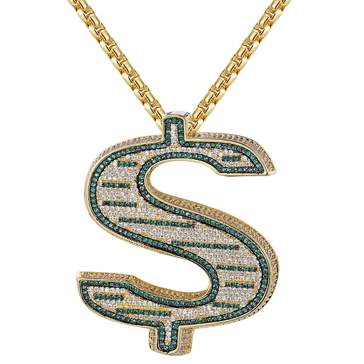 Master Of Bling Custom Dollar Sign Green Rich Silver Pendant Chain