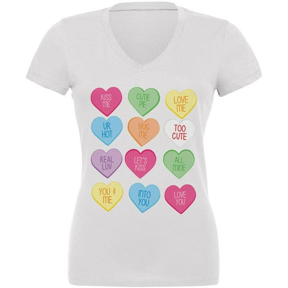 Valentine's Day Candy Hearts White Juniors V-Neck T-Shirt - Small