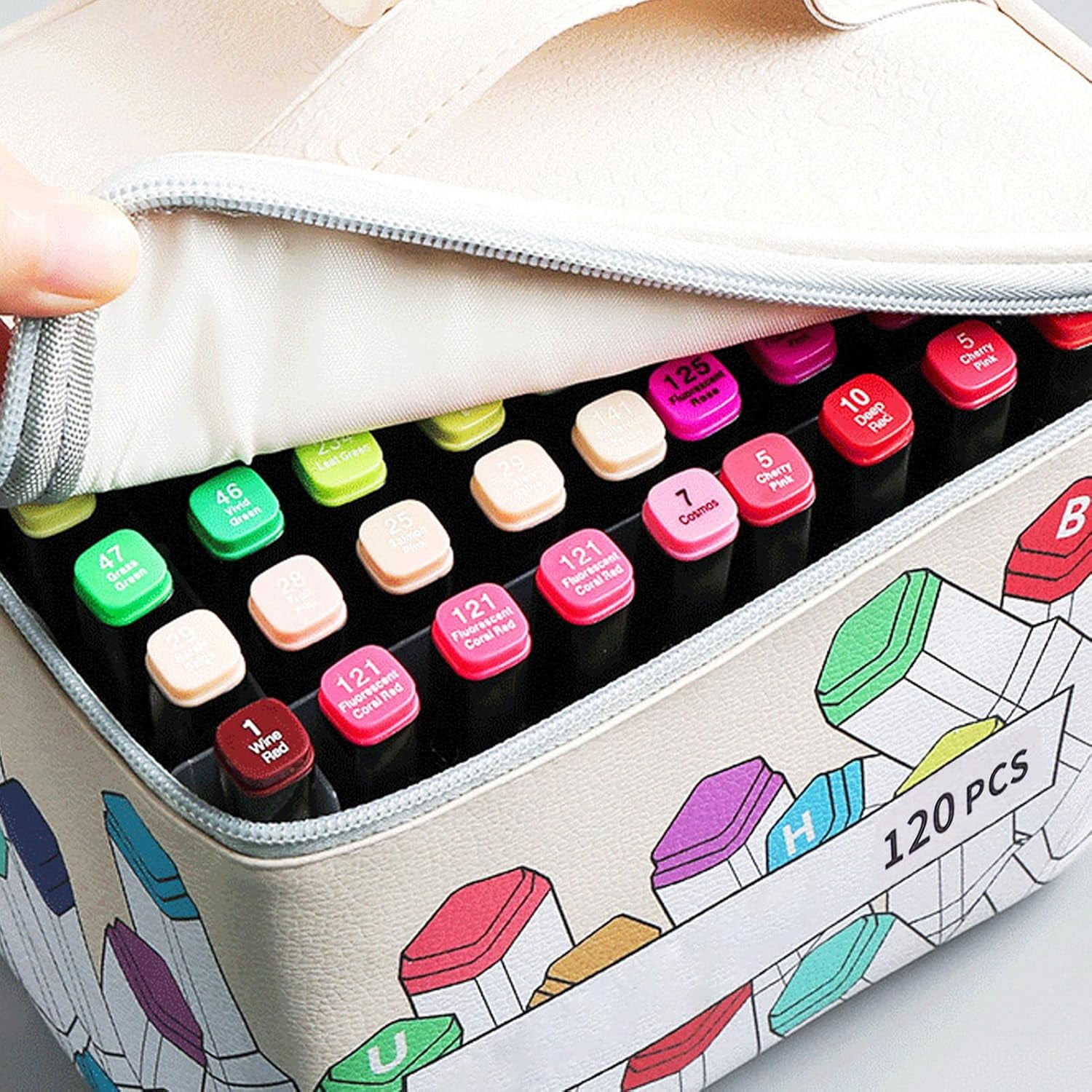 120 Slot Marker Case, Leather Holder with Large Opening, Zipper, Carry Handle, Multi-Purpose Art Pens Pencils Lipstick Mascara Storage