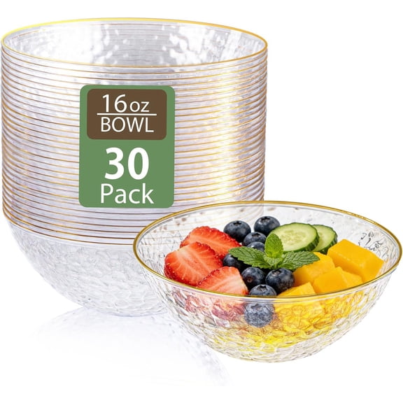 30 Pack Clear Plastic Bowls - Disposable for Party with Gold Rim, 16-20oz Premium Hammered Heavy Duty, Salad Milk Cereals, Snacks, Salads