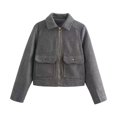 thumbnail image 4 of Women Cropped Bomber Jacket Button Down Varsity Shacket with Pockets Lapel Neck Long Sleeve Full Zip Casual Coat, 4 of 7