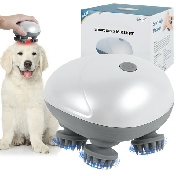 Xdziklosj Cat Massager Dog Massager,Electric Head Scalp Massager,Handheld Pet Massager,Head and Back Scratcher for Relieving Tension,Tight Muscles and Stiffness with 4 Rotating Massage Heads,Gray