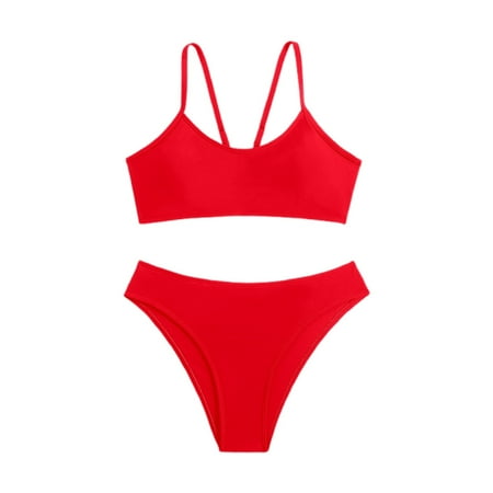 JIANJIA Womens Swimsuits Summer Sexy Solid Color Spaghetti Strap Backless Brassiere With Thongs Split Swimsuit Two Piece Tankinis Swimwears Activewear Red L