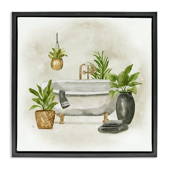 Stupell Industries Bathroom with Plants Bath & Laundry Painting Black Floater Framed Canvas Art Print Wall Art, 18 x 18