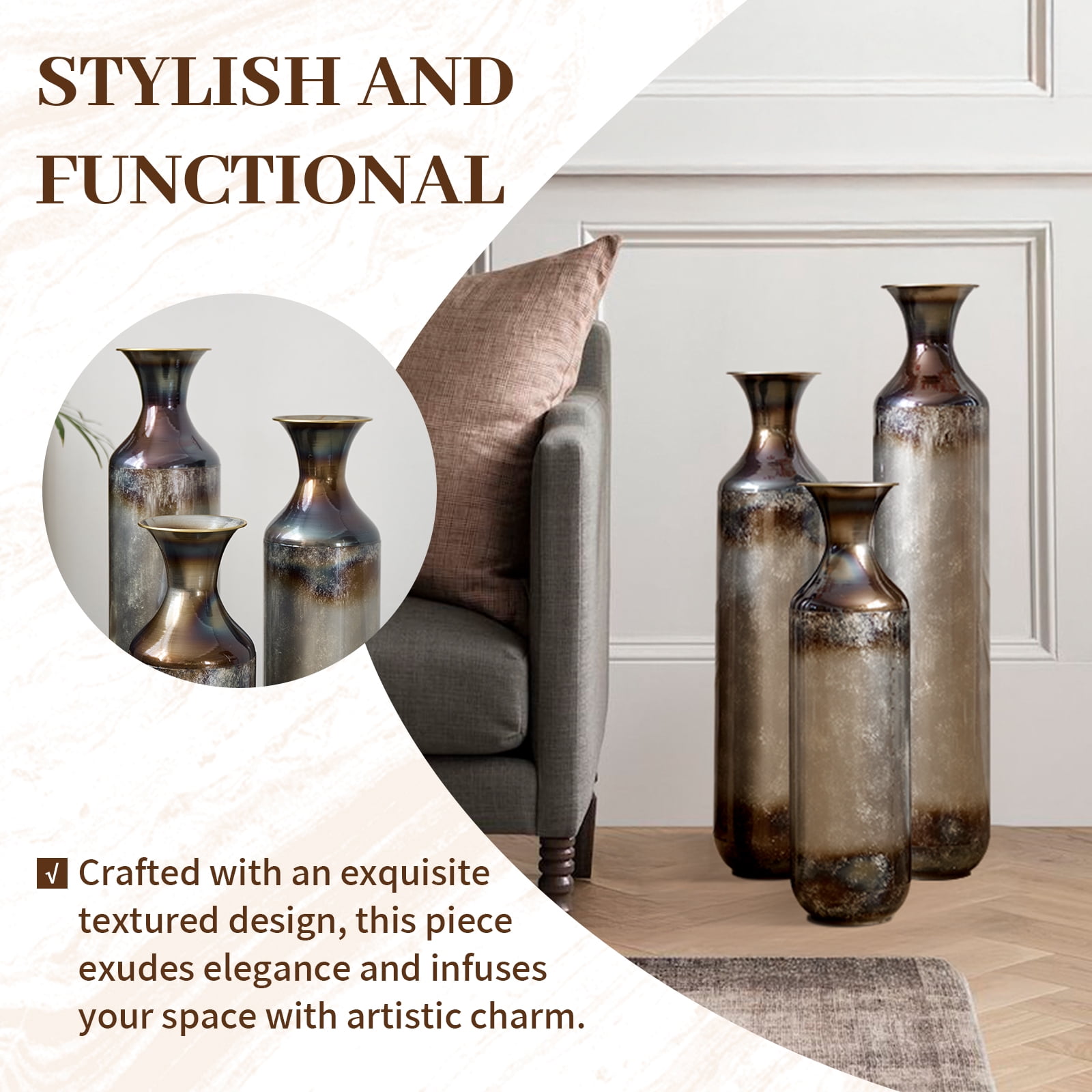 Aukfa Metal Tall Floor Vases for Decoration, Large Floor Vase Set of 3,Droplet Shaped,28.34"/24.4"/20.4"H,Gold