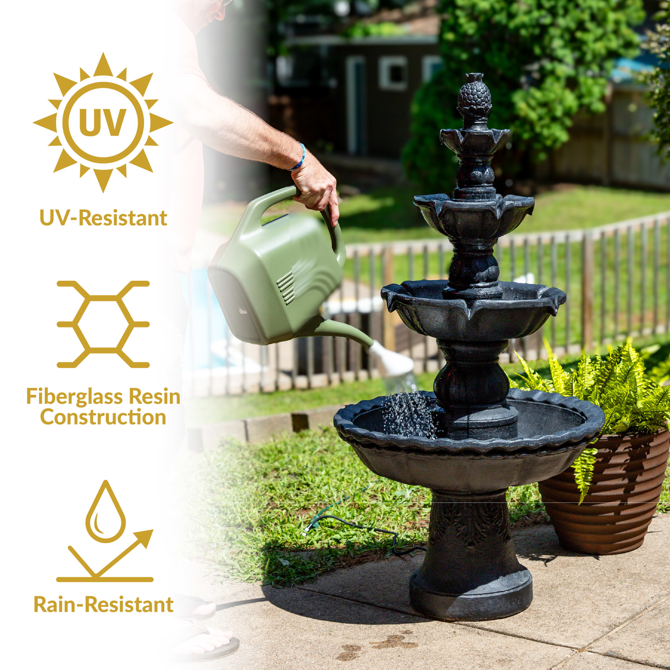 Sunnydaze Pineapple Traditional Black Resin 4-Tier Outdoor Water Fountain
