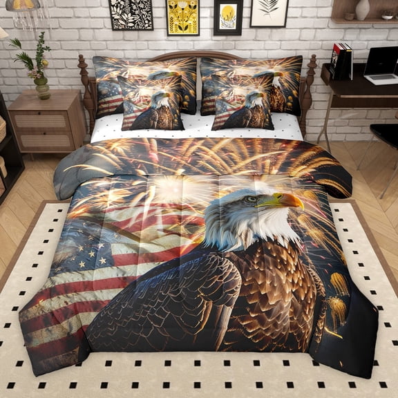 Manfei Animal Eagle 7-Piece Twin Bedding Sets for Teens Female Men,USA Flag Bedding Comforter Set,Independence Day Firework Breathable Sheet Sets,Breathable Home Decor