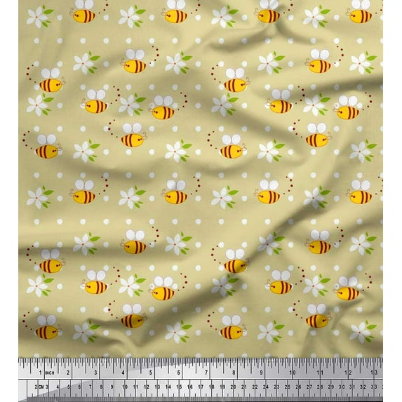 Soimoi Cotton Voile Fabric Leaves,Floral & Honey Bee Clip Art Printed Fabric 1 Yard 42 Inch Wide