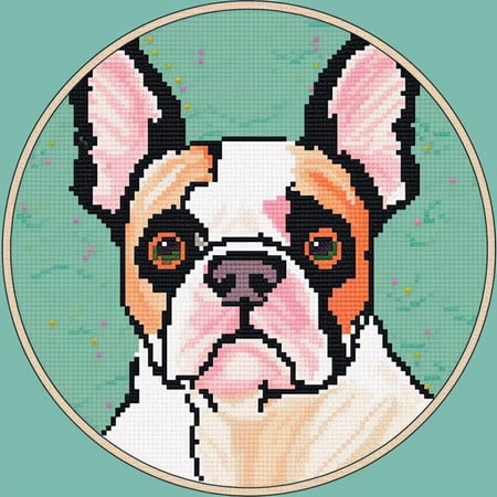Beginner DIY Stamped Cross Stitch Kit with Embroidery Hoop Pre-Printed Pattern Colorful French Bulldog DIY Needlepoint Craft Kit for Adults Includes All Supplies Wall Art Decor Gift 33x33cm (X246)