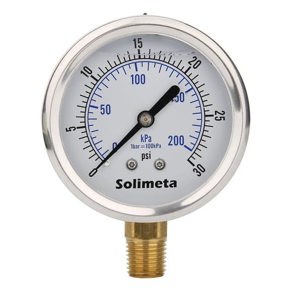 Solimeta 2-1/2" Dial Size, Liquid Filled Pressure Gauge, 30psi /kpa, 304 Stainless Steel Case, 1/4"NPT Lower Mount