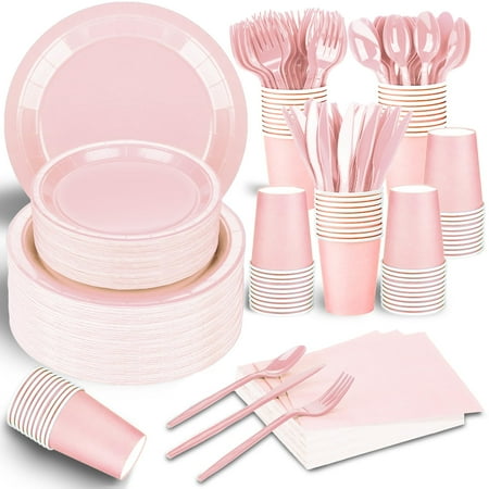 TWOWYHI 228PCS Pink Party Supplies Set Include Paper Plates Cups Pink Napkins Plastic Spoons Forks Knives for 30Guests Disposable Party Dinnerware For Birthday Wedding Party Family Picnic
