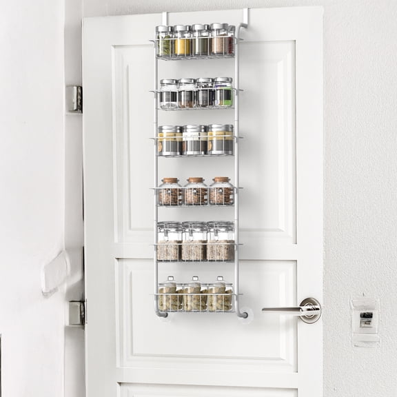 6-Tier Metal Pantry Door Organization and Storage, Hanging Kitchen Basket Spice Rack Seasoning Shelves, White