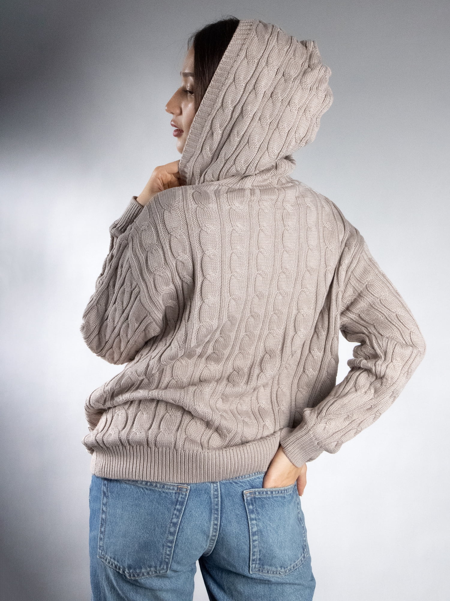 DARING DIVA Women's Stylish Oversized Cable Knit Hooded Sweater M Fossil Gray