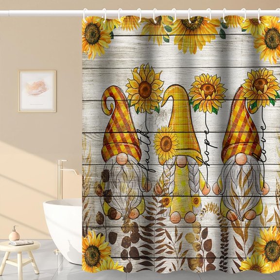 Sunflower Gnome Shower Curtain Farmhouse Wooden Board Bath Curtain with Hooks Waterproof Fabric Bathroom Decor 71x71 inches