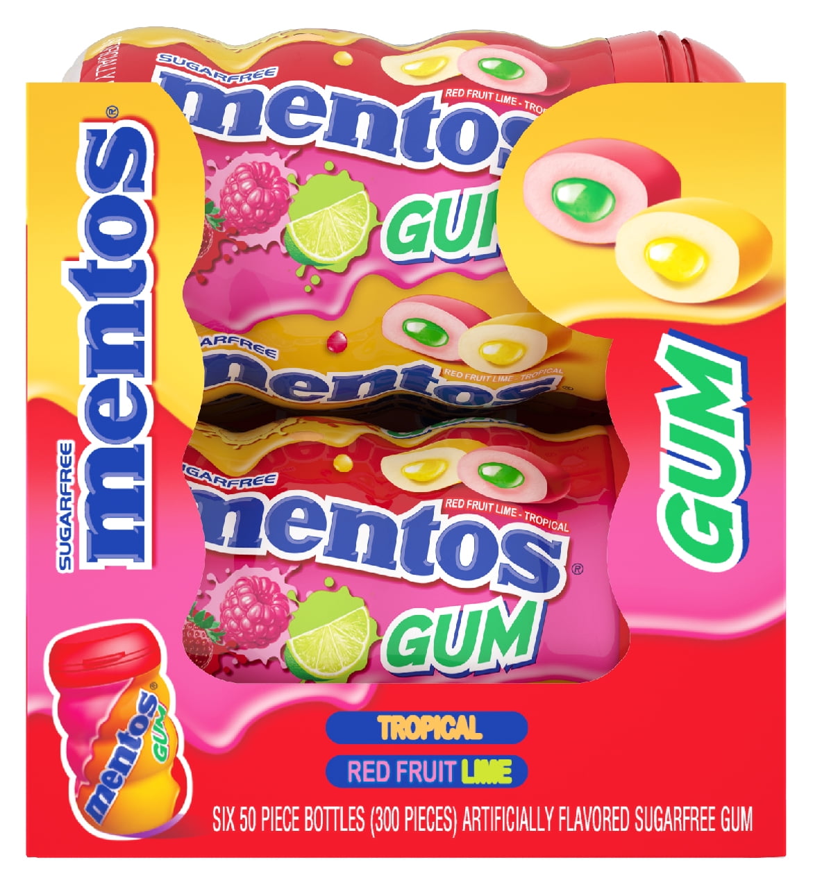 Mentos Gum Red Fruit and Lime-Tropical 50 piece Curvy Bottle - Pack of 6