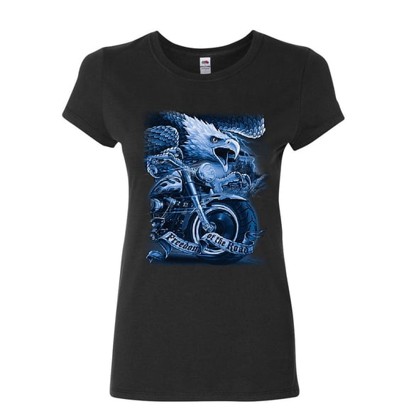 Tee Hunt Freedom of The Road Women's T-Shirt Biker Born to be Wild MC Bald Eagle Shirt