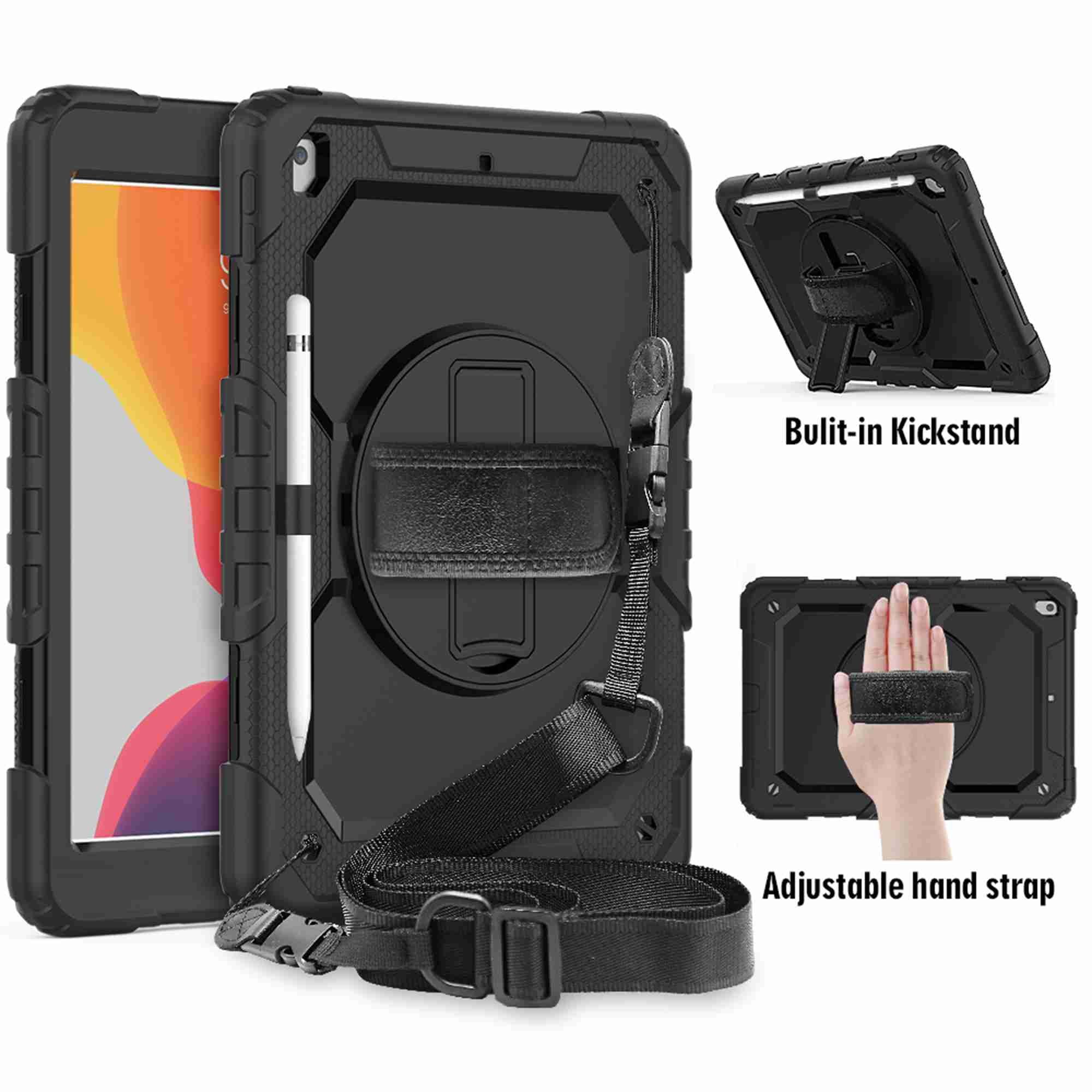 Dteck iPad 9th/ 8th/ 7th Generation Case (iPad 10.2 Case 2021/ 2020/ 2019) with Screen Protector Pencil Holder Kickstand Hand/ Shoulder Strap,Durable Protective Case for iPad 10.2 inch,black