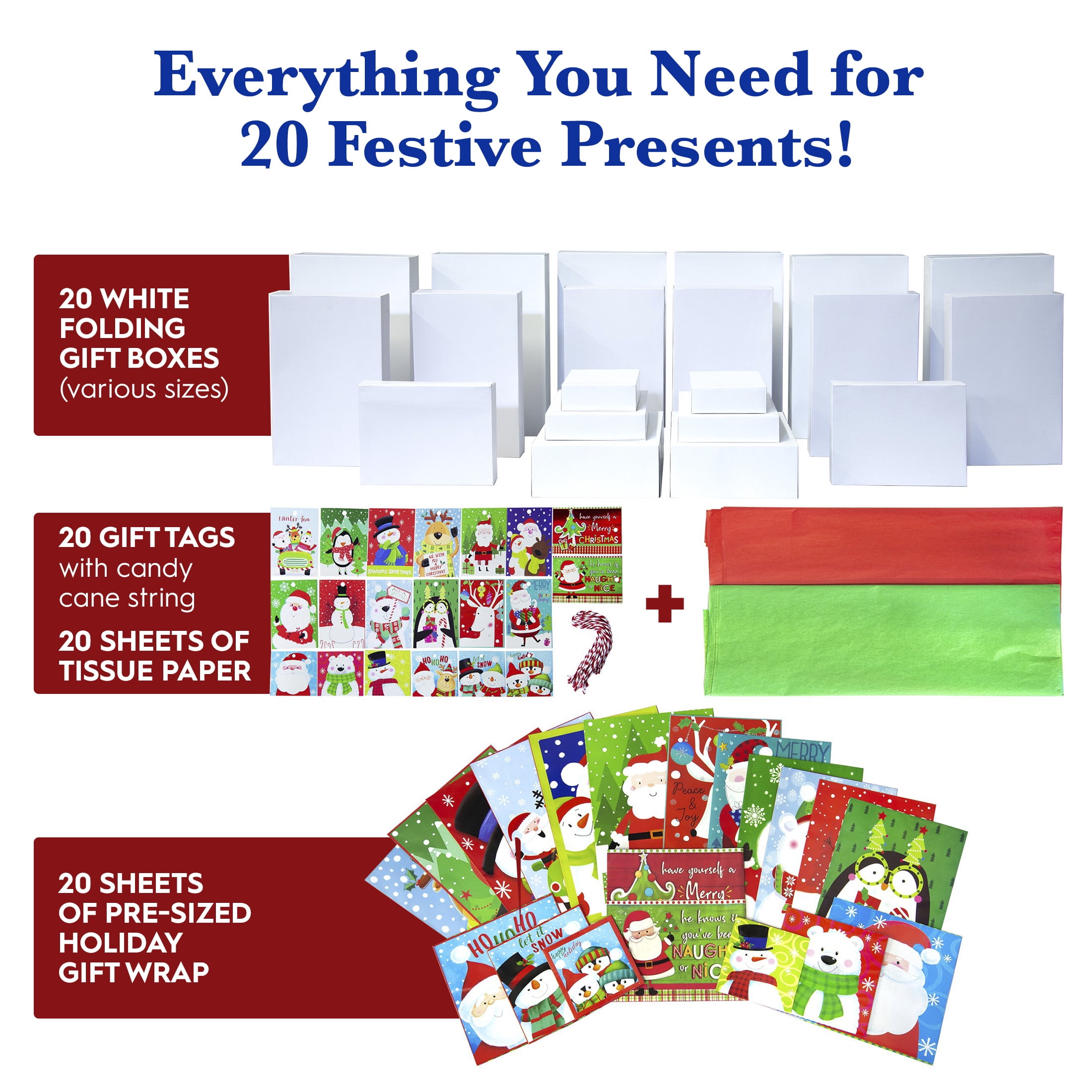 Gift Wrap In A Snap Holiday Gift Wrapping Kit, Includes 20 Gift Boxes, 20 Wrapping Paper Sheets, 20 Gift Tissue Paper Sheets & 20 Gift Tags