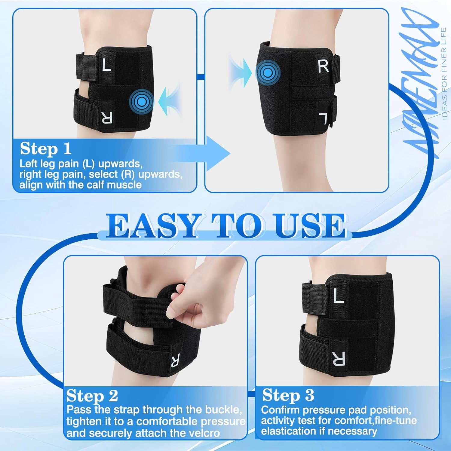 Sciatica Pain Relief Devices Brace,Sciatic Ease Calf Support Brace for Leg Shin Pain Relief,Sciatic Nerve Knee Brace with Dual Adjustable Pressure Pads Targeted Compression, Fits for Men and Women