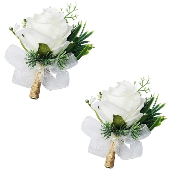 White Rose Boutonniere for Men Wedding,Happon 2 Pack Wedding Flower Boutonnieres with Pins for Groom,Wedding Ceremony Anniversary, Homecoming Prom Party