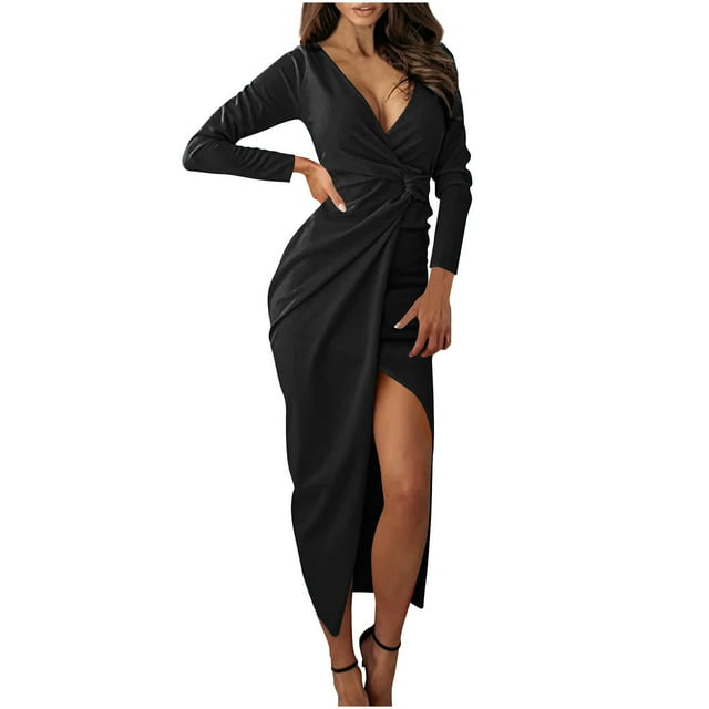 Lovzfmll Robe d'Été pour Femme, Couleur Unie, Robe à Manches Longues, Noir, G