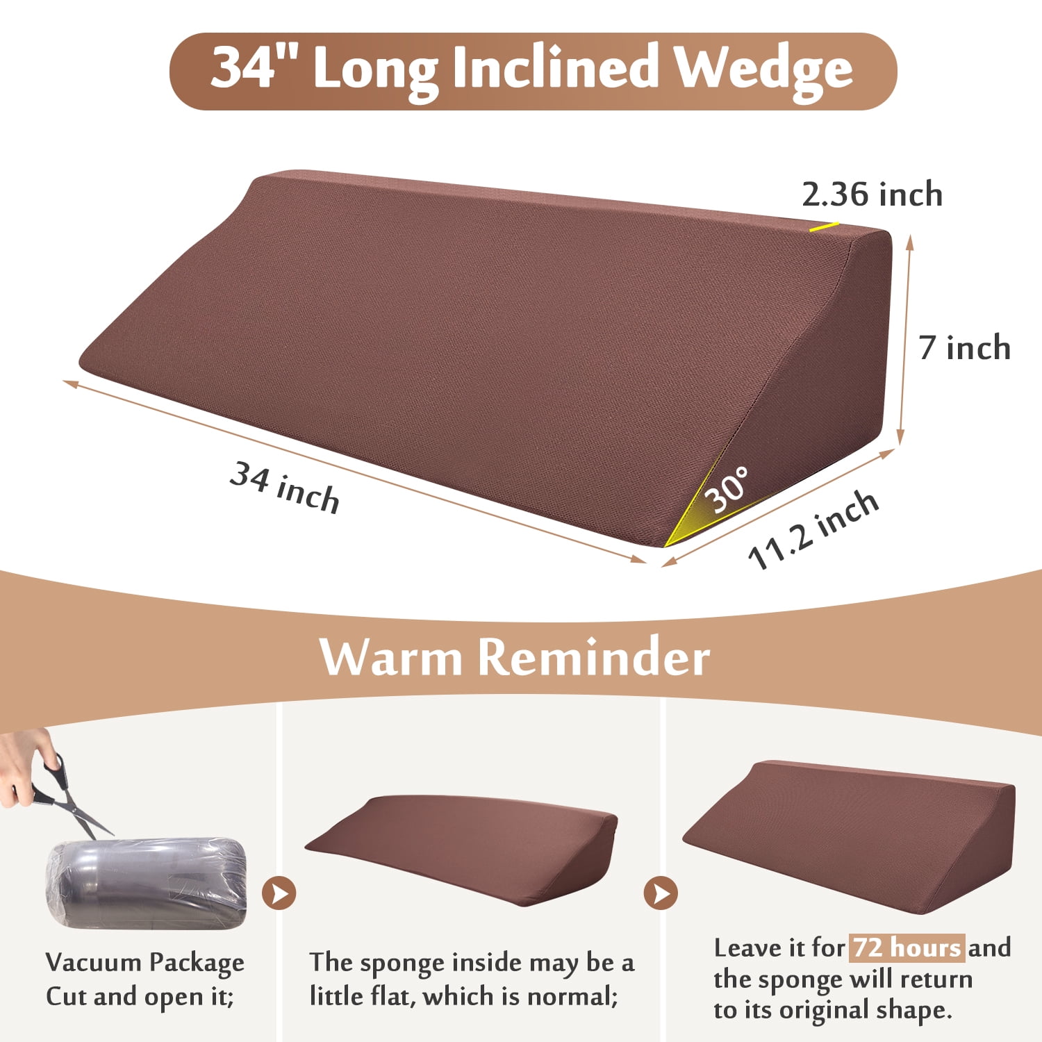 Wedge Pillow for Sleeping, Foam Body Positioning Wedges for Bed Adults, 34" Long Inclined Sleepers Cushion for Pressure Ulcer, Bed Sores Treatment, Turning Large Body Nursing Wedge Pillow（Brown）