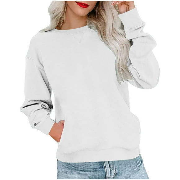 fartey Womens Sweatshirts Round Neck Solid Color Top Trendy Pullover Sweatshirt Long Sleeve Casual Shirt Blouse with Pockets