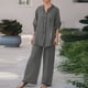 thumbnail image 3 of Camisa Conjuntos de pantalones de pierna ancha Camisa de solapa de lino de algodón de manga larga Pantalones Moda Sólido Kuymtek Gris T XL para Mujer, 3 of 6