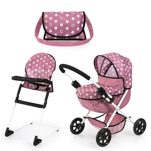 Bayer Design Dolls: Cozy 3 Piece Set - Pink, White, Stars - Folding Pram, Highchair, Shoulder Bag, Accessory Set For Dolls Up To 18", Kids Toy, Age 3 