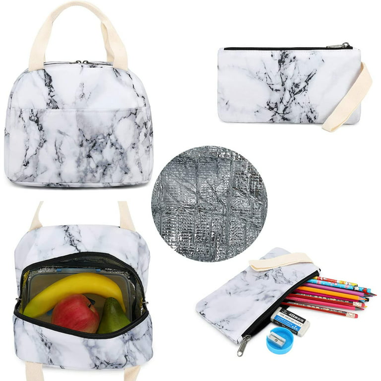 Casewin Backpack for Teen Girls Bookbag School Backpack Set with Lunch Box  and Pencil Bag Marble(3PCS) 