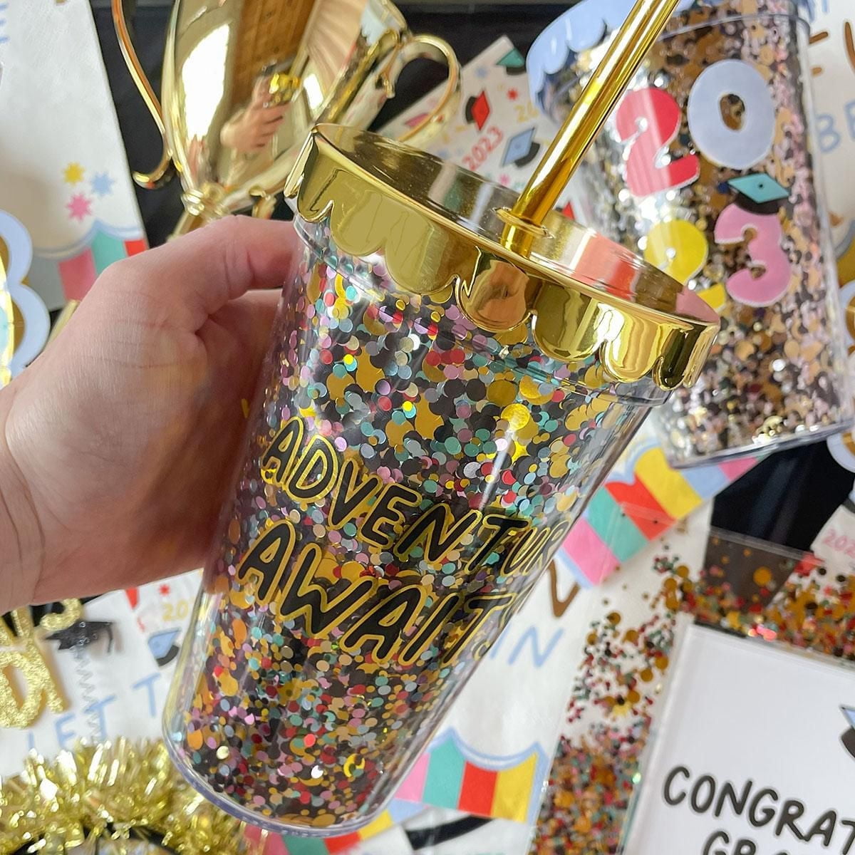 Packed Party "Adventure Awaits" Confetti Tumbler