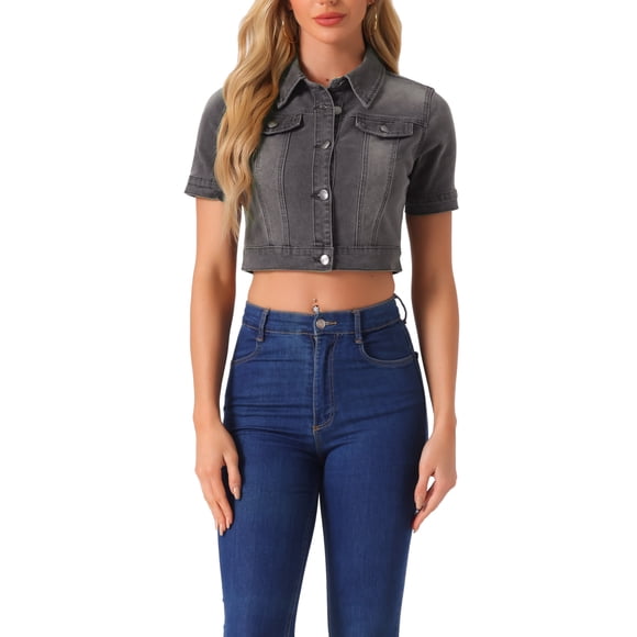 INSPIRE CHIC Women's Cropped Denim Jacket Short Sleeve Button Front Jean Jacket S Dark Grey