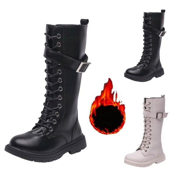 Boys Girls Mid Calf Winter Combat Boots Lace Up Waterproof Riding Boots with Side Zipper for Snow Weather Daily Outdoor Wear