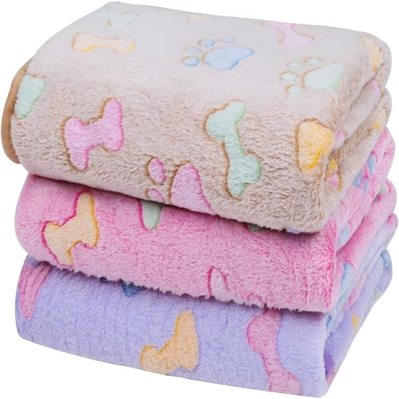 AUQ 1 Pack 3 Dog Blankets, Soft Fluffy Fleece Pet Blanket Warm Sleep Mat Paw Print Design Puppy Kitten Throw Blanket Doggy Mat Blanket for Dogs