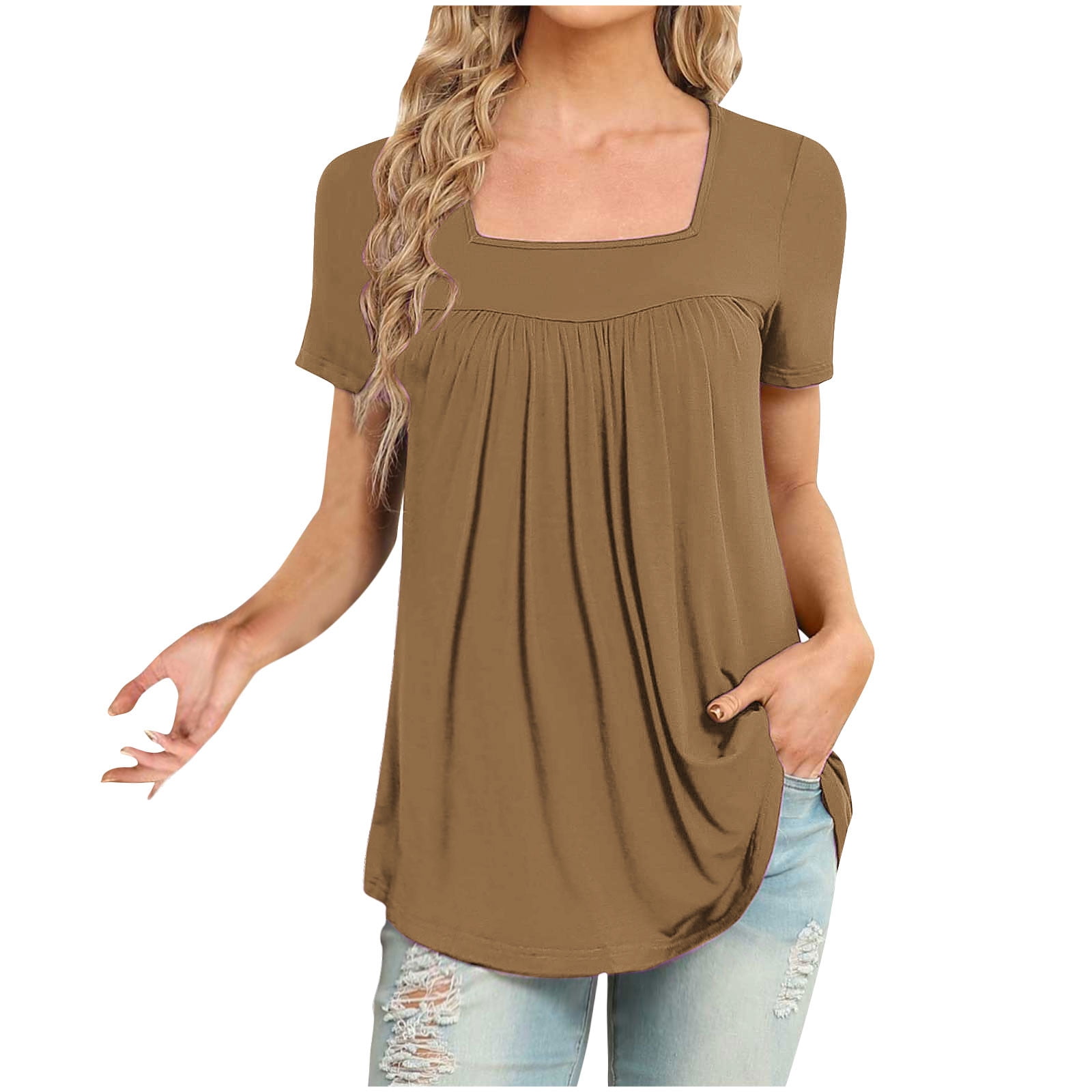 Timegard Hauts d'Été pour Femmes Manches Courtes Col Carré T-Shirts Plissés Tunique Décontractée Habillée pour Leggings