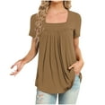 thumbnail image 2 of Fanxing Womens Plus Size Tops Fashion Pleated Tunics Blouses Loose Fit Square Neck Short Sleeve Shirts Summer Dressy Casual T Shirts Brown,S, 2 of 4