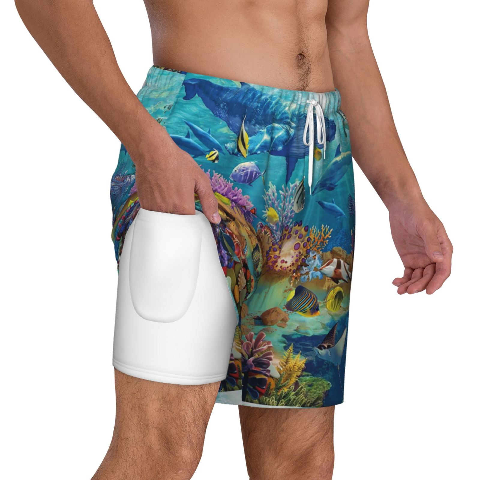 Xecao Sea World for Men's Swimming Trunks Swim Trunks Quick Dry Swim Shorts with Mesh Lining Funny Swimwear Bathing Suits