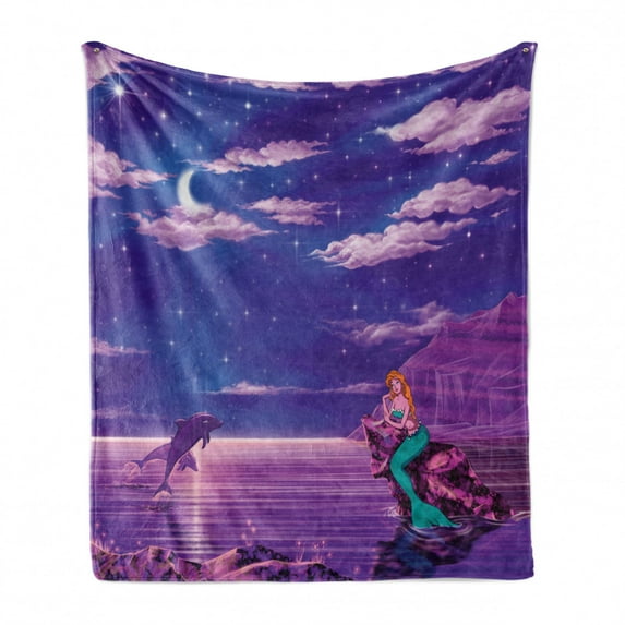 Mermaid Soft Flannel Fleece Blanket, Cartoon Style Dolphins and Water Nymph with Open Star Filled Night Sky Background, Cozy Plush for Indoor and Outdoor Use, 50" x 70", Multicolor, by Ambesonne