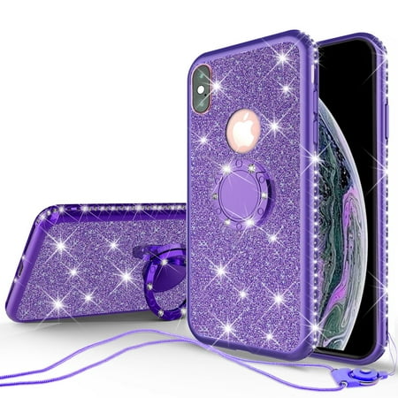 iPhone Xs / iPhone X Case, Cute Glitter for Girls Women w/Kickstand,Bling Diamond Rhinestone Bumper With Ring Stand Protective Sparkly Pink Apple iPhone 10 - Purple