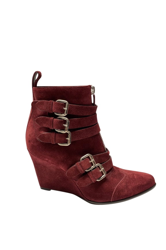 Pre-Owned Tabitha Simmons Harley 80 Buckle Wedge Boots in Burgundy Suede