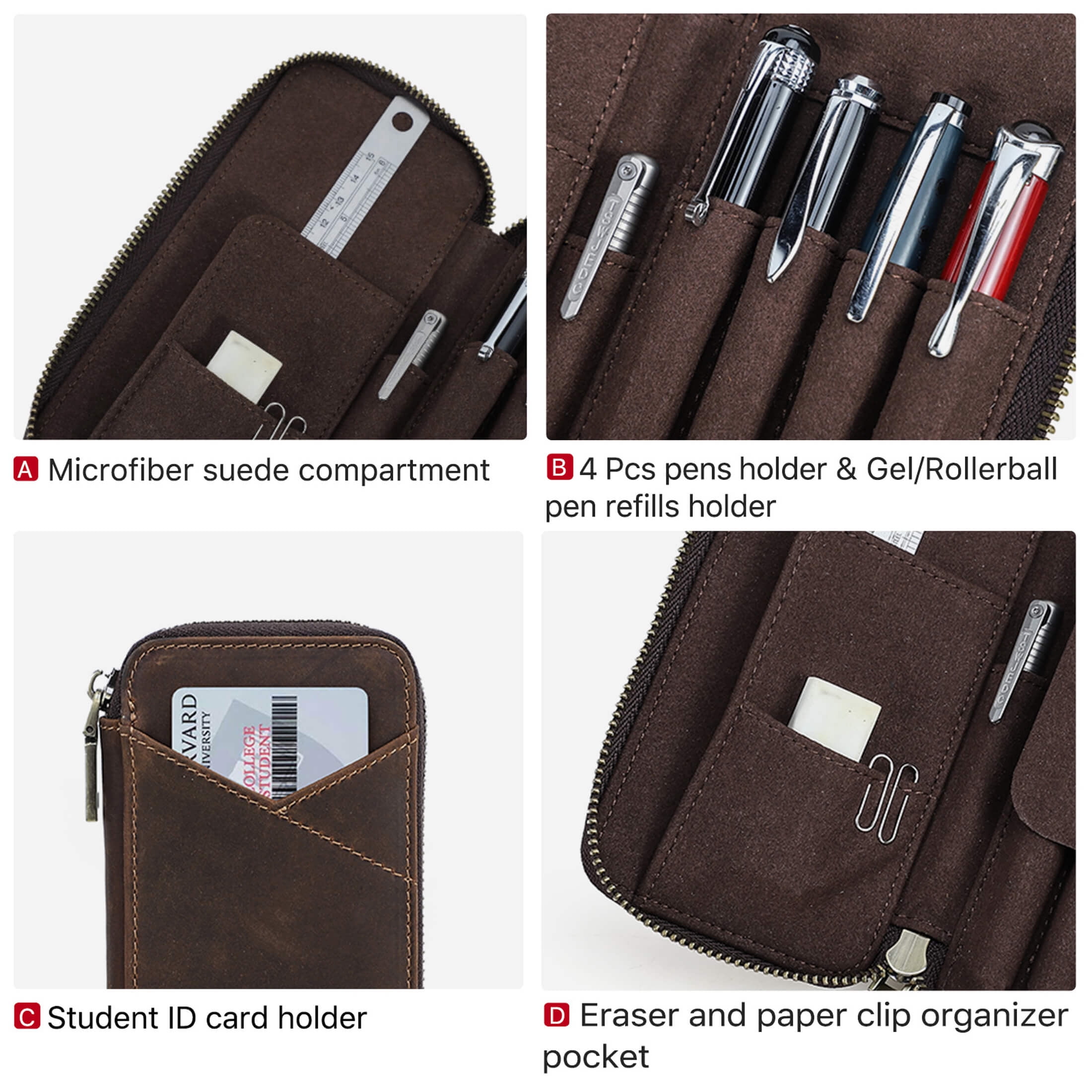 Hiram Genuine Leather Pencil Case with 4 Slots, Handmade Multifunctional Zipper Fountain Pen Bag, Student Stationery Pen Box (Coffee)