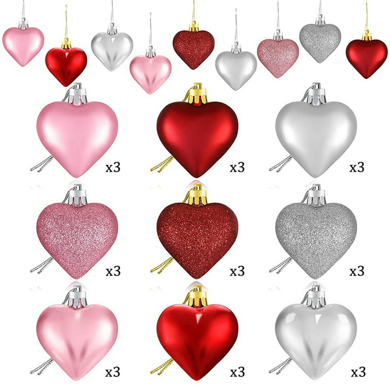 27pcs Valentine's Day Heart Ornaments, 3 Heart Baubles Heart Shaped Christmas Tree Baubles Heart Hanging Decorations for Valentine's Day Wedding