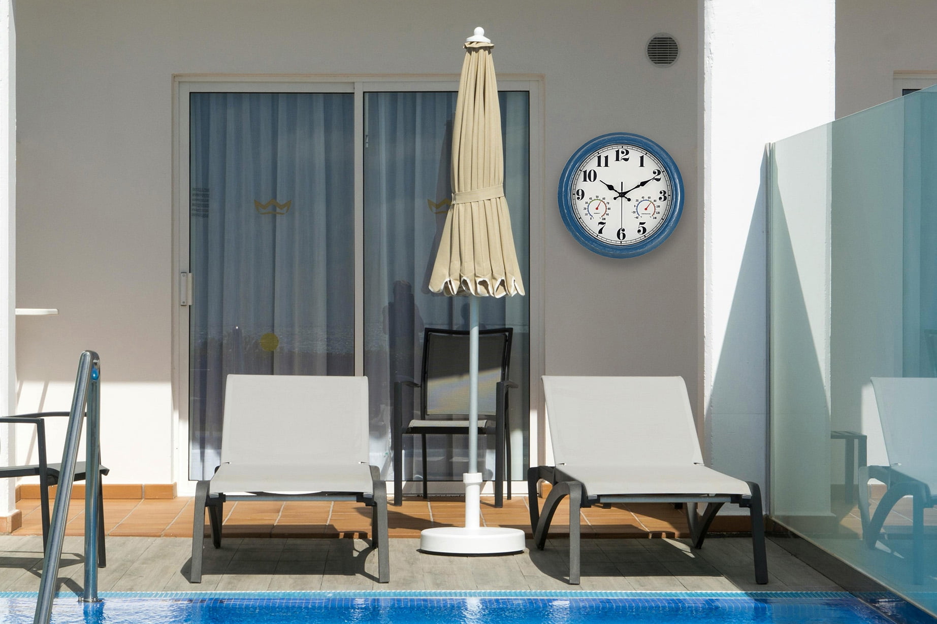 13 Inch Retro Wall Clock,Indoor and Outdoor,Quartz,Analog,Waterproof,Thermometer,Blue