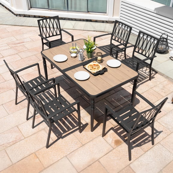Nuu Garden Outdoor 7-Piece Patio Dining Set, 6 Patio Chairs and 61" x 37" Rectangle Metal Dining Table with 1.6" Umbrella Hole, Powder-Coated Finish and Iron Frame, Wood-Grain Tabletop, Black