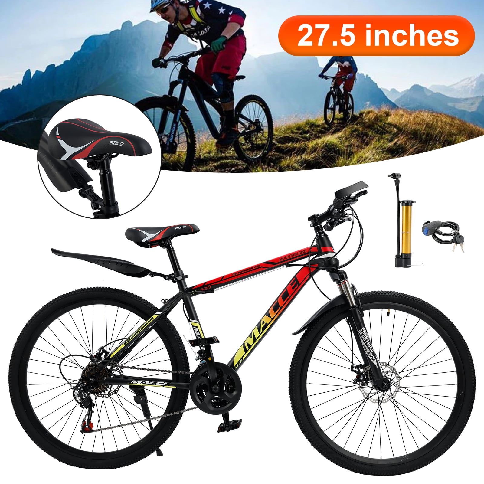 27.5" Spoke Wheel 24 Speed Mountain Bicycle Adult Bike MTB w/ fender Red & Yellow