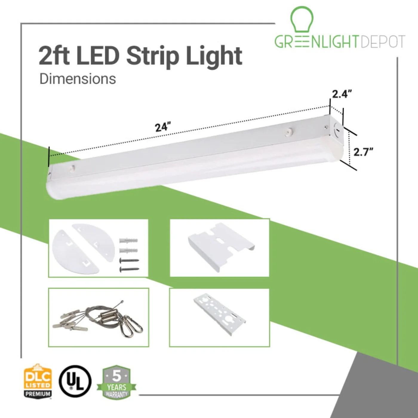 GREENLIGHTDEPOT 2ft LED Strip Light - 20W - Selectable CCT - 3000K/ 3500K/ 4000K/ 5000K - Up To 2840 Lumens - UL, DLC