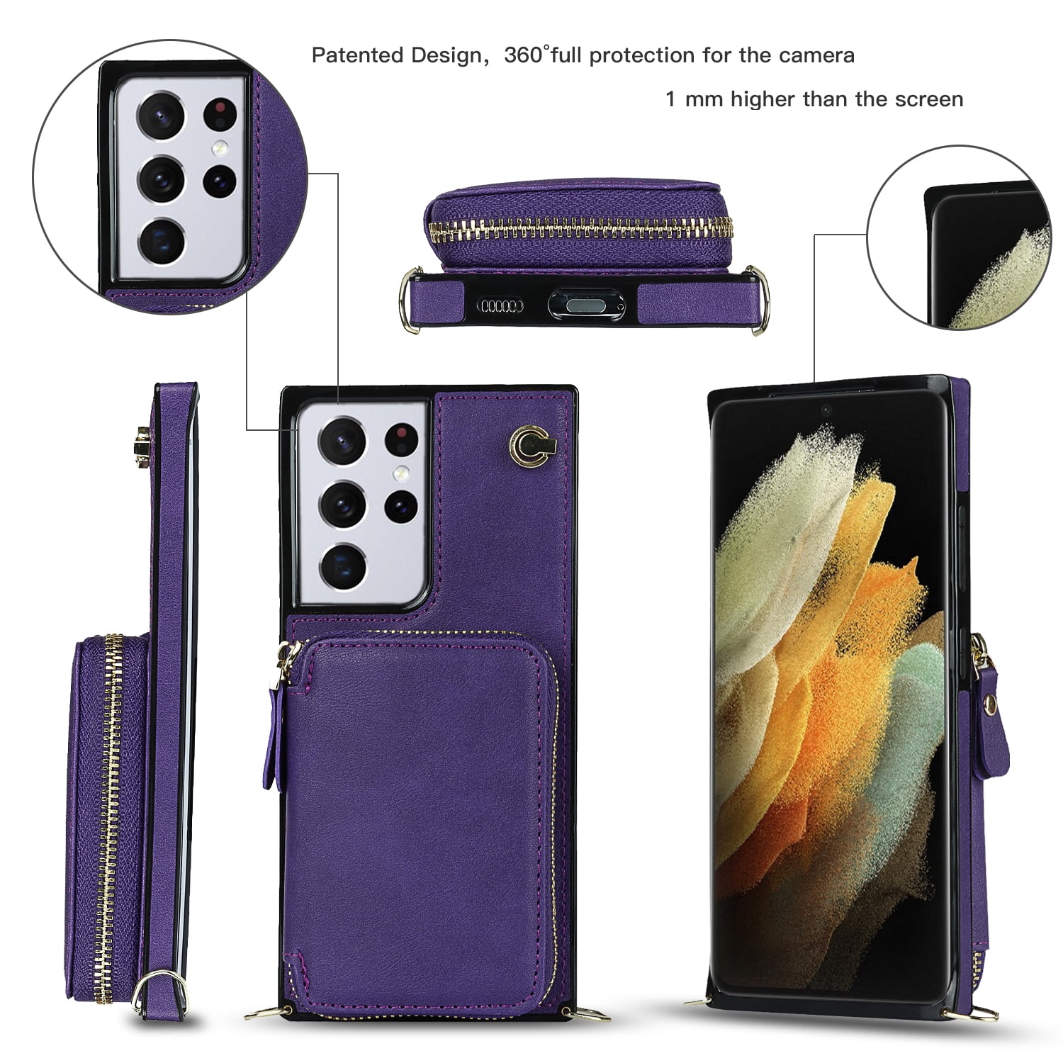 TECH CIRCLE For Galaxy S22 Ultra Wallet Case,Card Holder Phone Case for Women, Zipper PU Leather Purse Kickstand Folio Flip Case with Crossbody Strap for Samsung Galaxy S22 Ultra 6.8" 2022,Purple