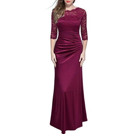 - Women's Retro Floral Lace Vintage 2/3 Sleeve Slim Ruched Wedding Maxi Dress