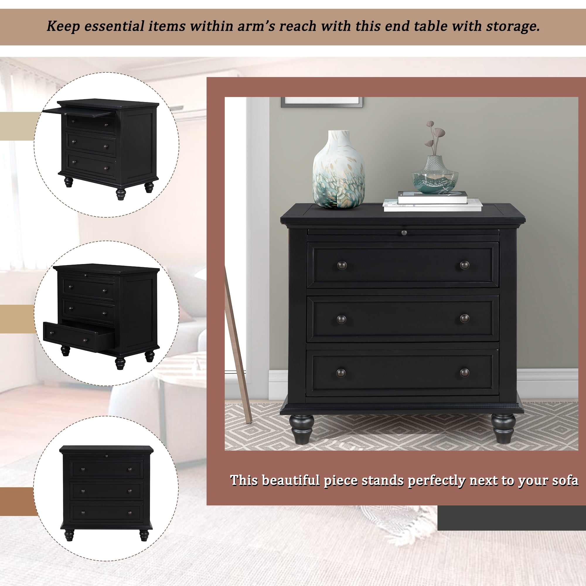 Euroco 28" Nightstand with Pull Out Tray 3 Drawers Rubber Wood Legs, Black